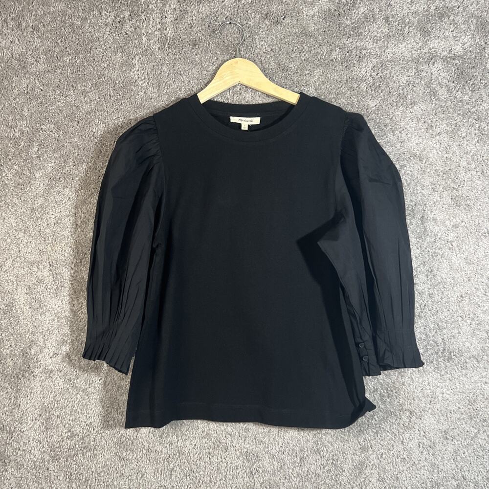 Madewell Hazel Femme Top Women’s Small Black Cotton 3/4 Sleeve Crew Neck Blouse